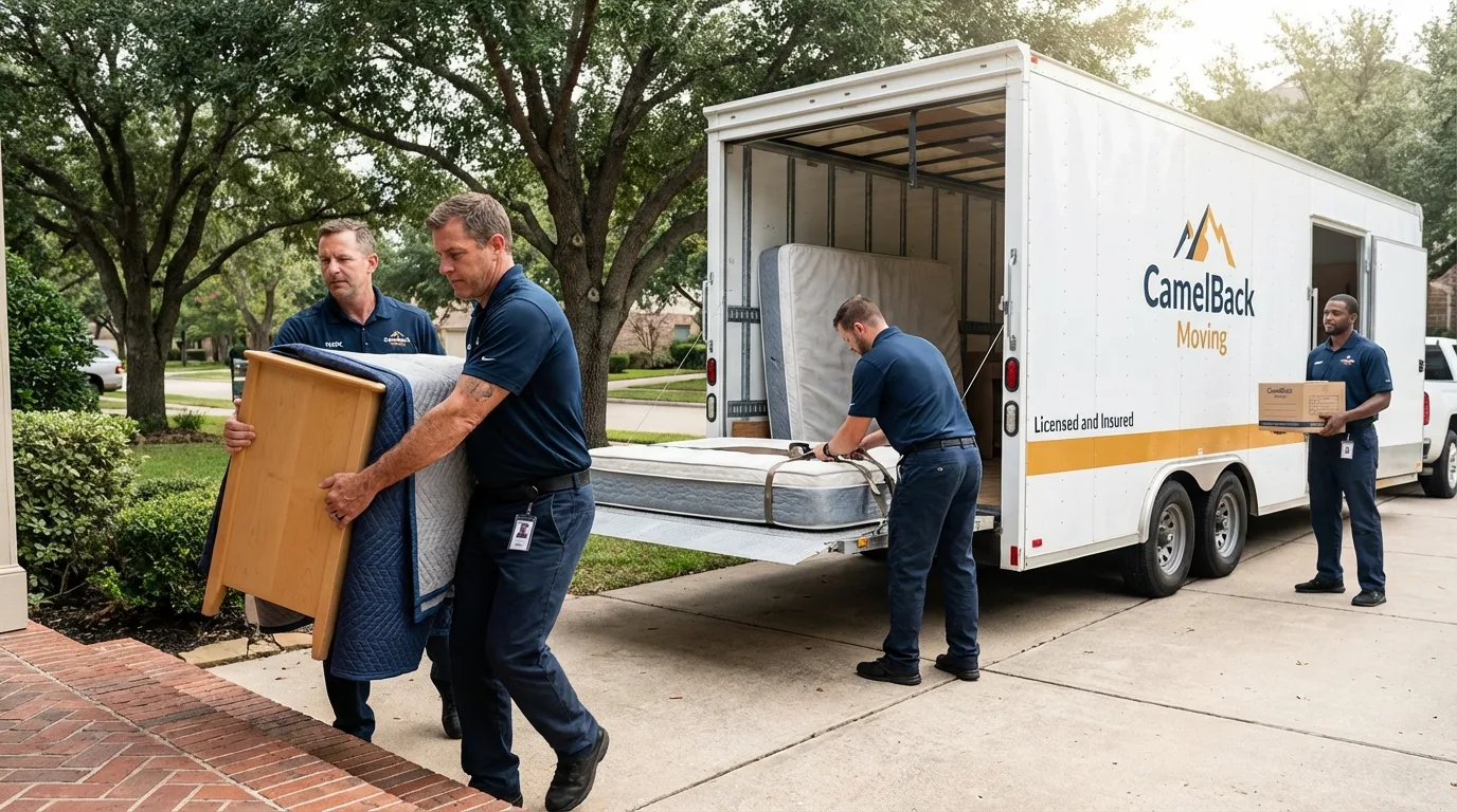 Crew loading residential truck for cross-state move from Cotati, CA