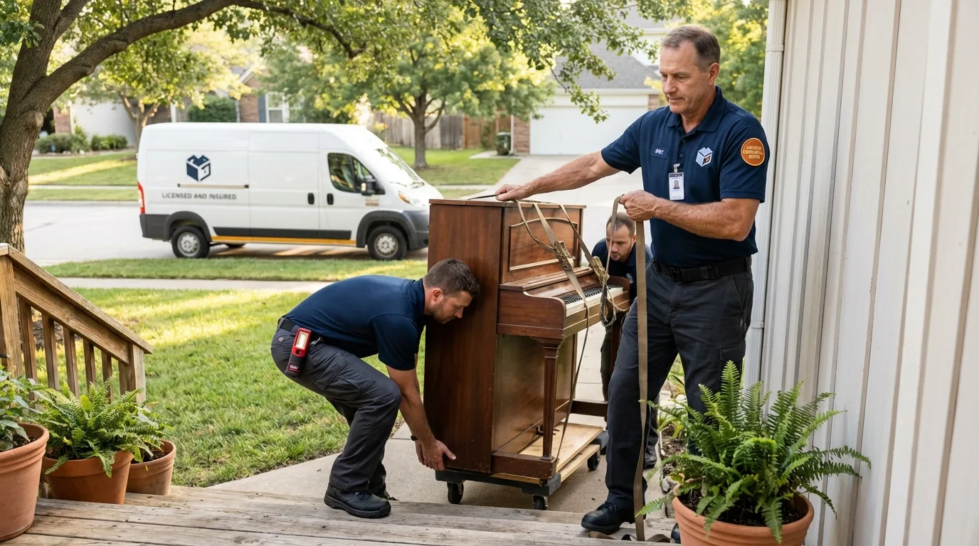 Licensed piano movers securing grand piano in Cotati, CA