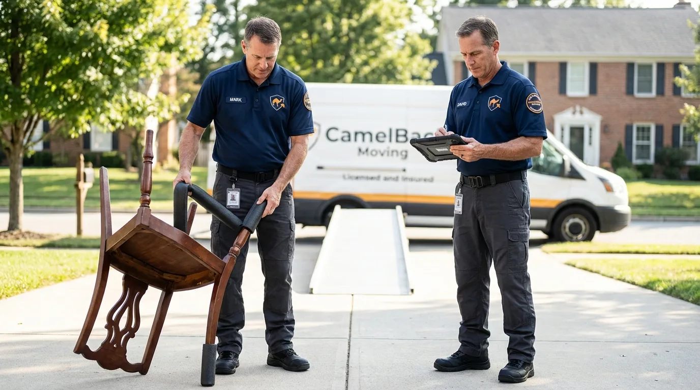 Movers inspecting furniture for damage prevention before loading in Cotati, CA